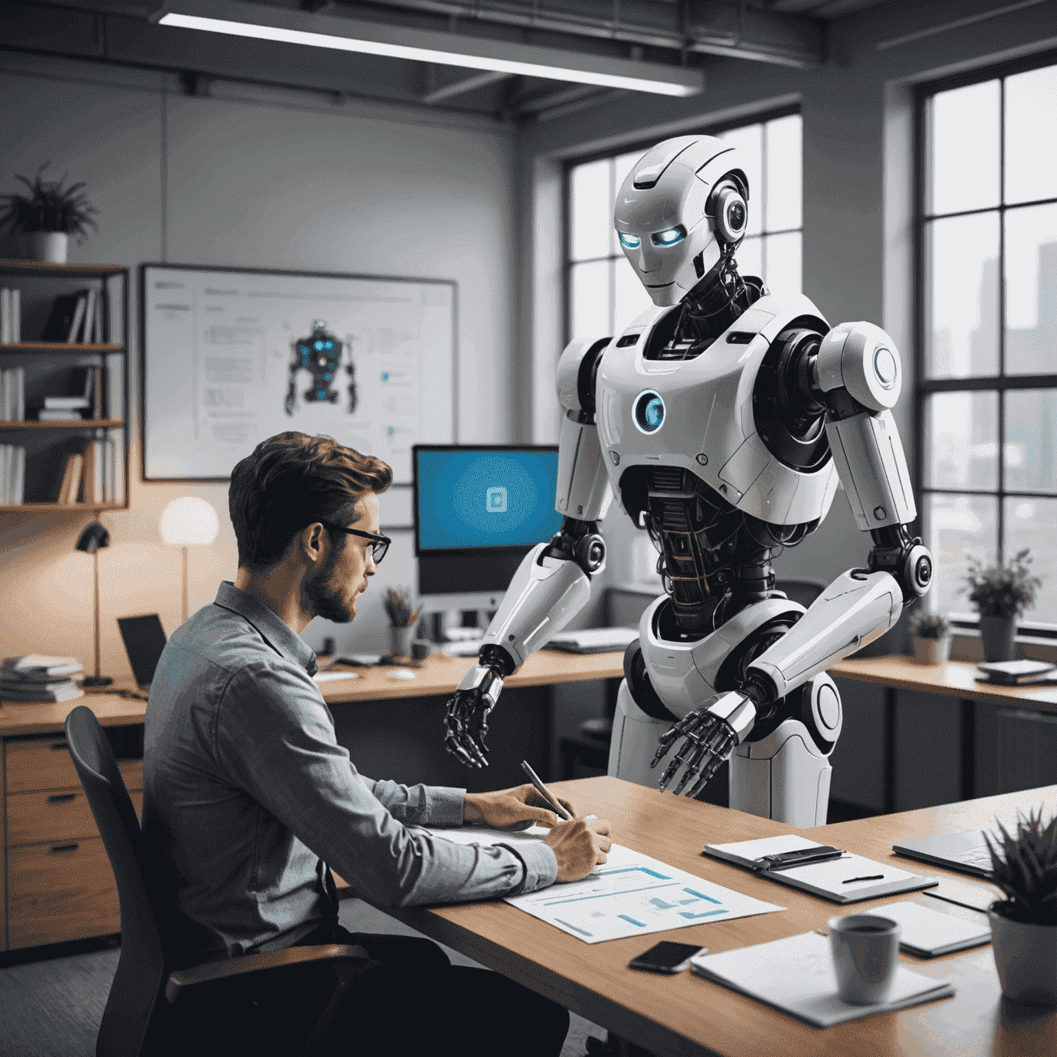 An illustration of a robot and a human working together in an office setting, symbolizing the integration of AI in the workplace