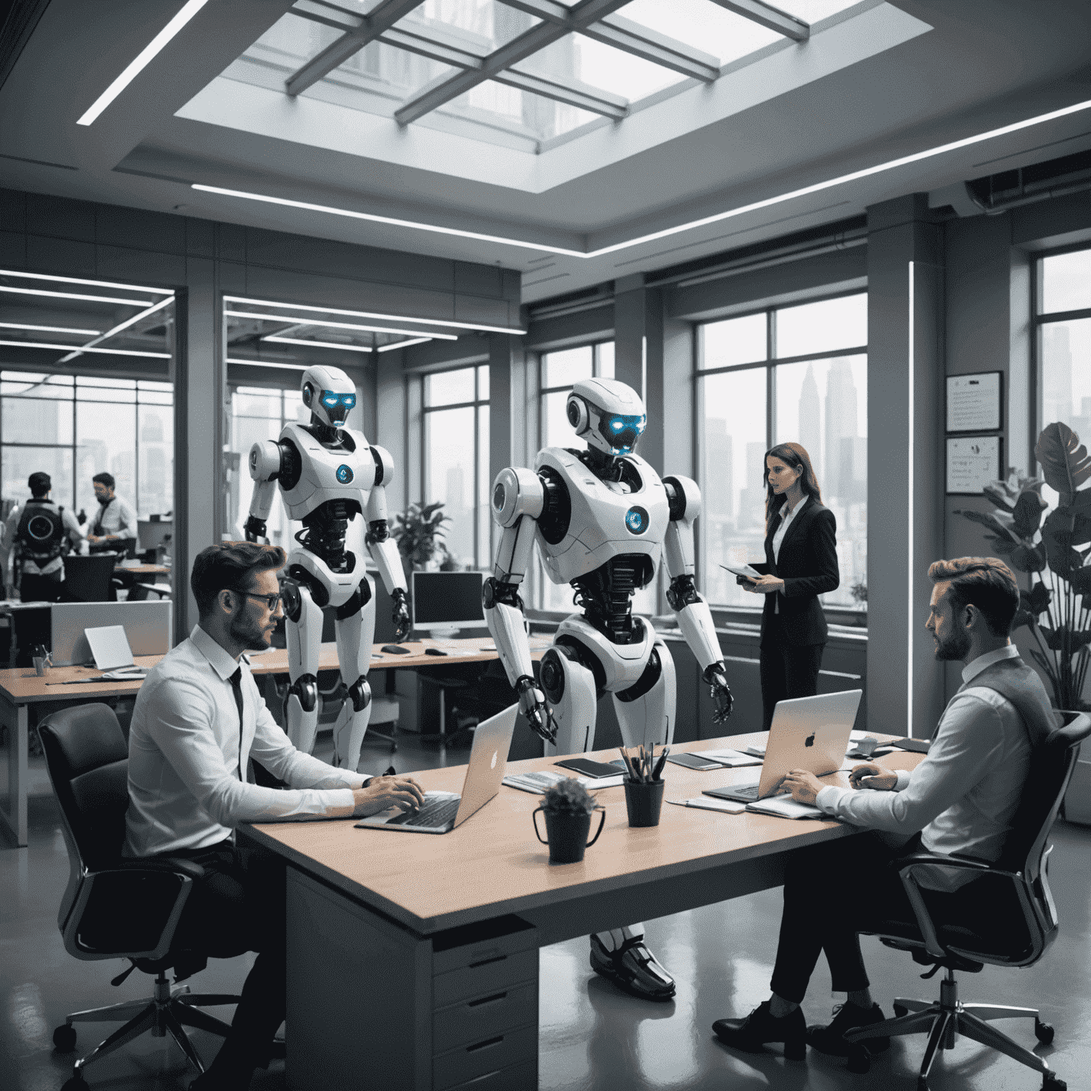 Futuristic office with people and robots collaborating