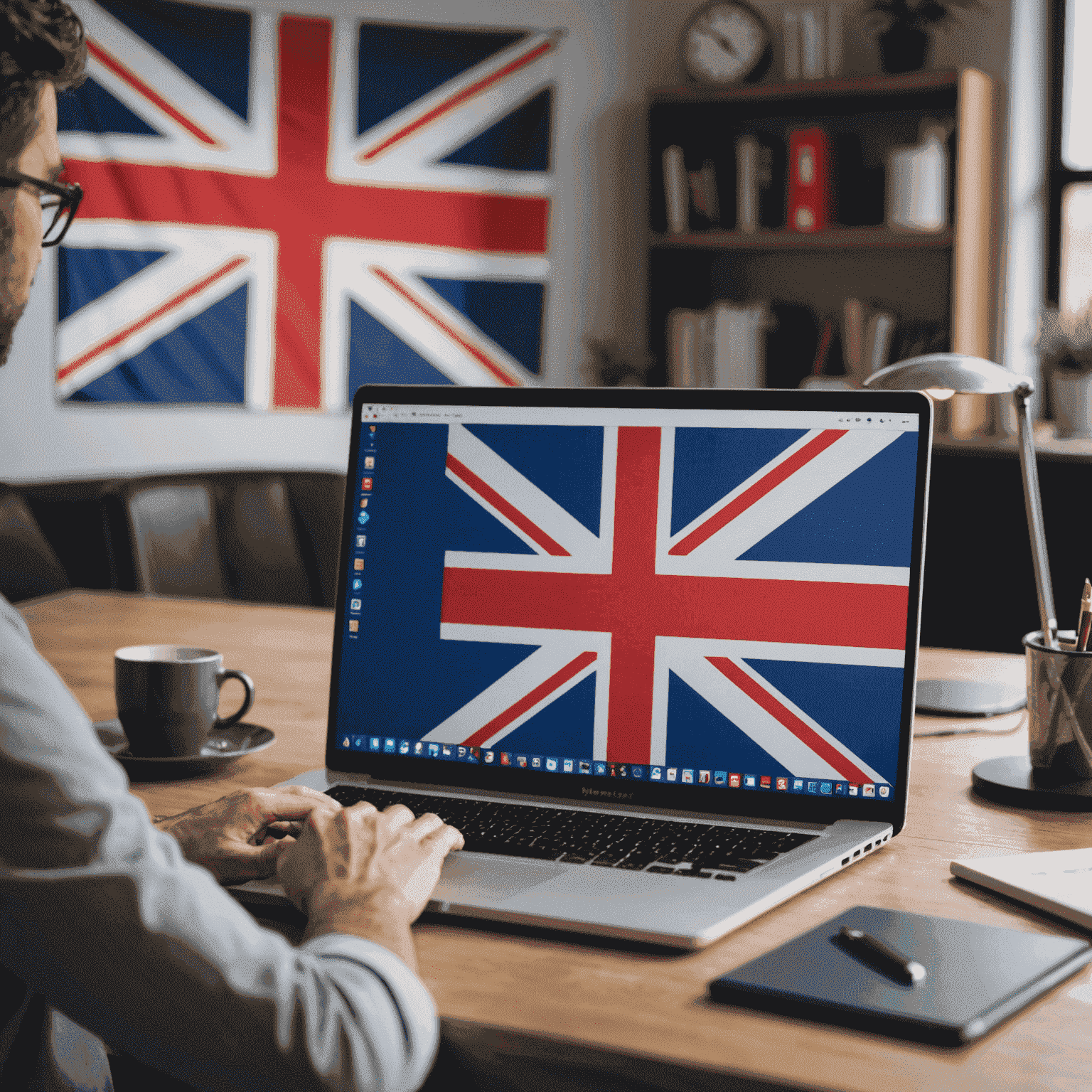 A person working remotely on a laptop in a home office setup, with a UK flag in the background to represent the focus on remote work trends and challenges in the United Kingdom