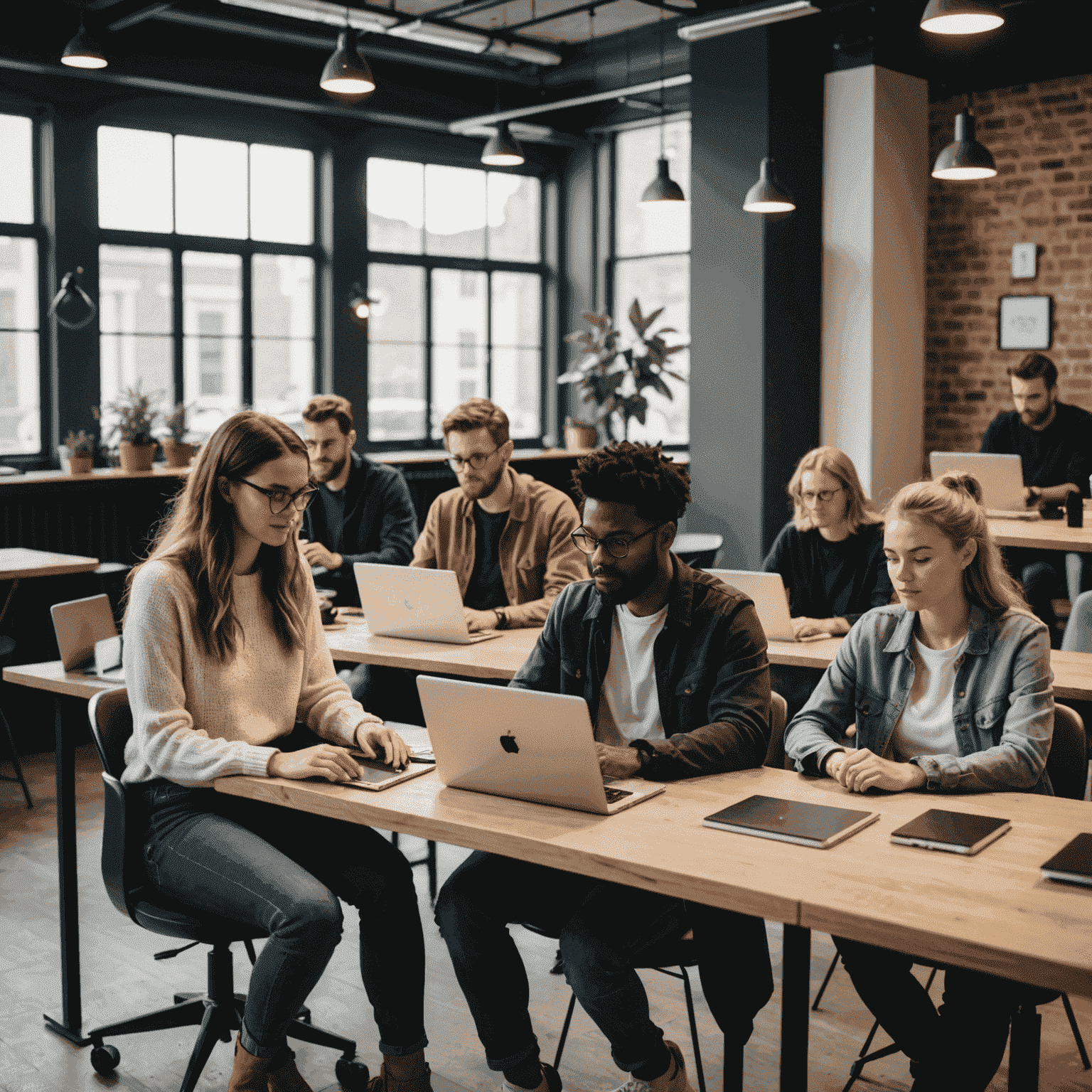 Diverse group of freelancers working on laptops in a modern coworking space, representing the growing gig economy in the UK