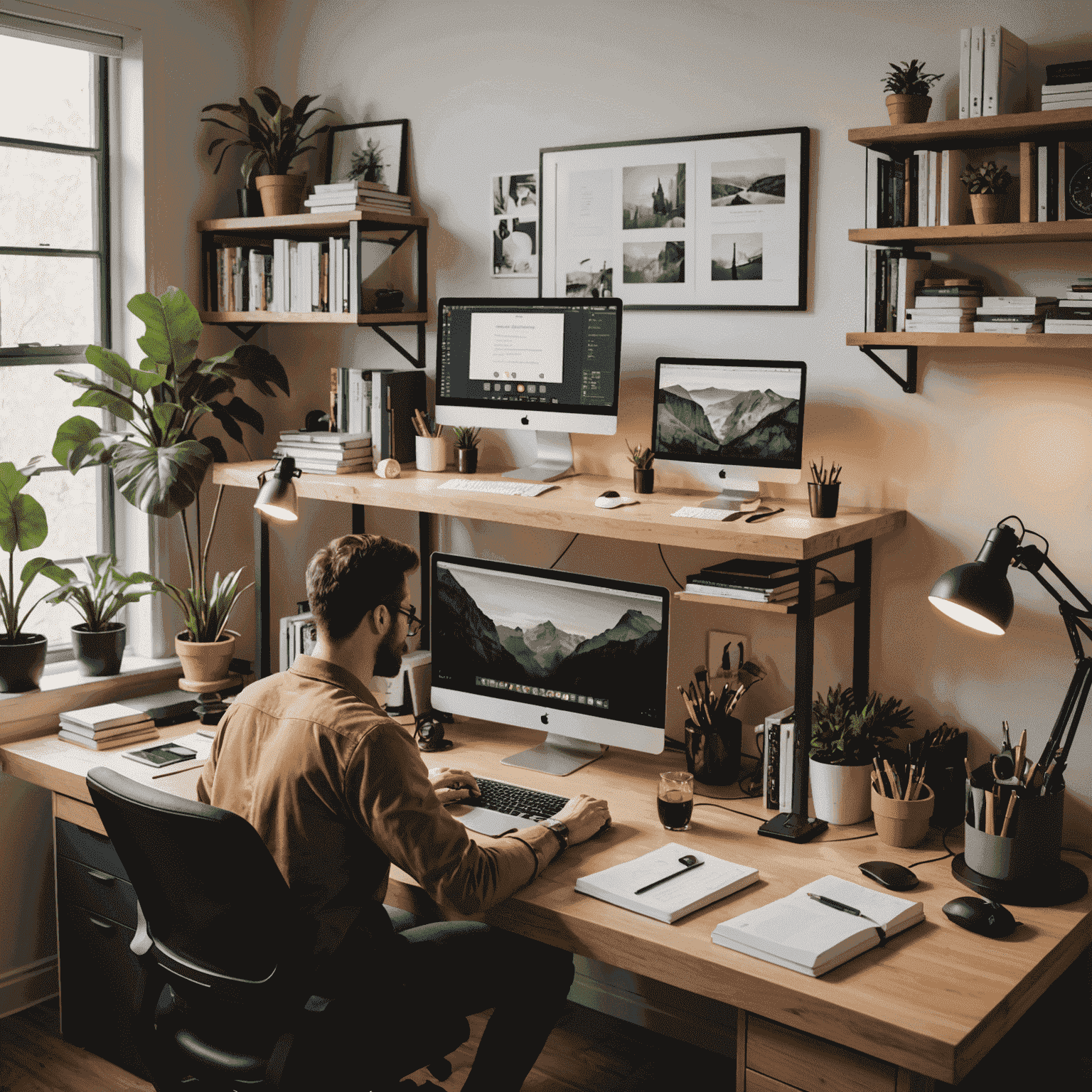 An image depicting a productive home office setup, with a person working comfortably on their computer, surrounded by tools and resources that enable effective remote work.