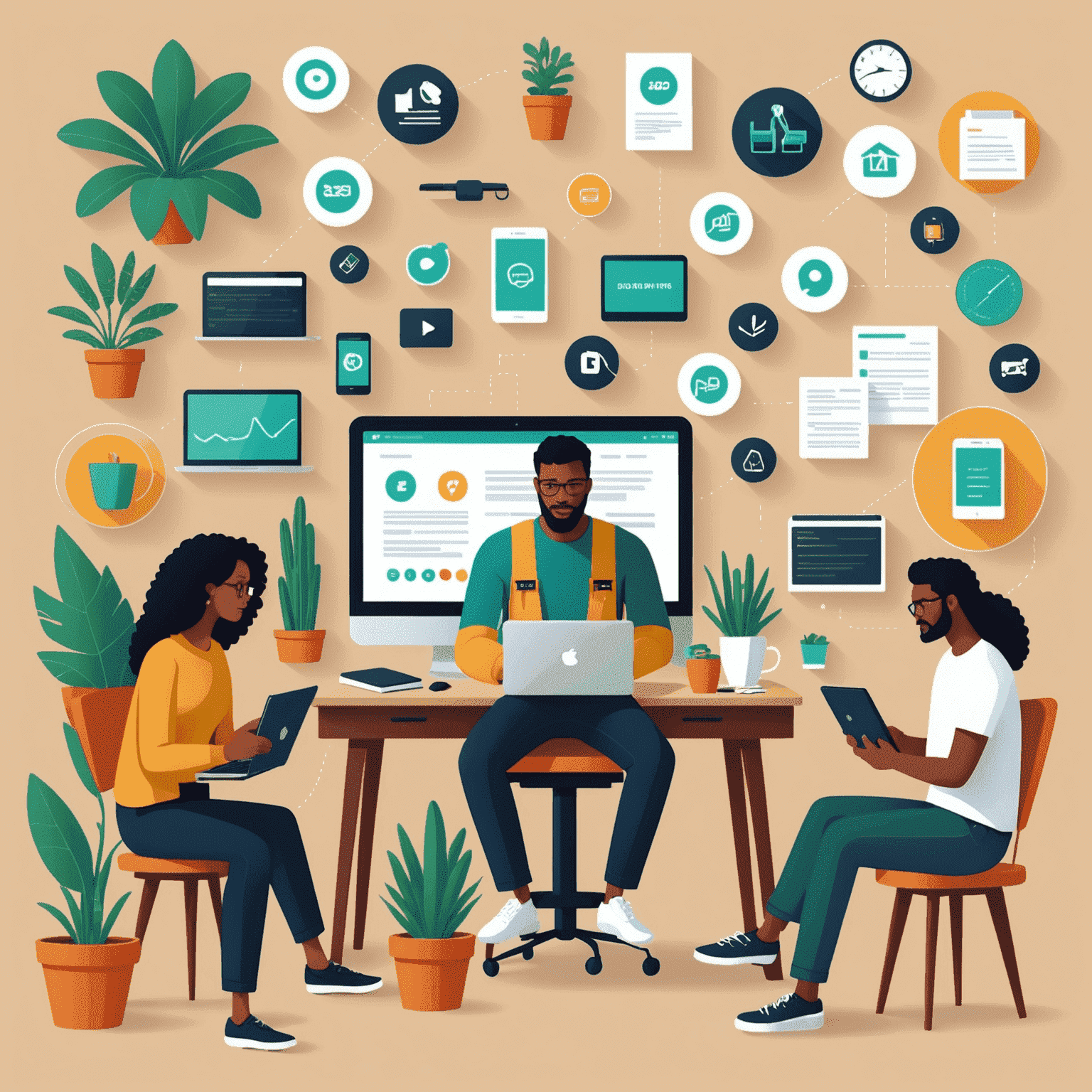 An image illustrating the concept of the gig economy, with freelancers and independent contractors working on various projects using digital platforms and tools.